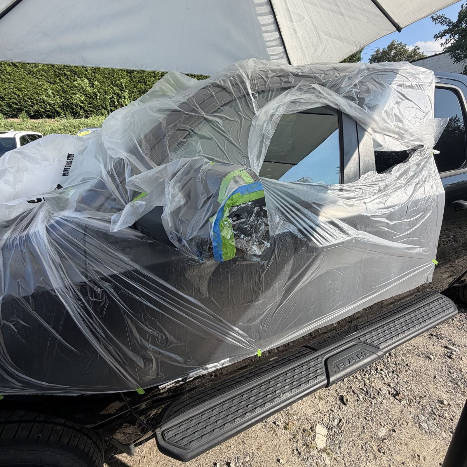 Dodge Ram masked off for an on-site CroMatch paint touch-up